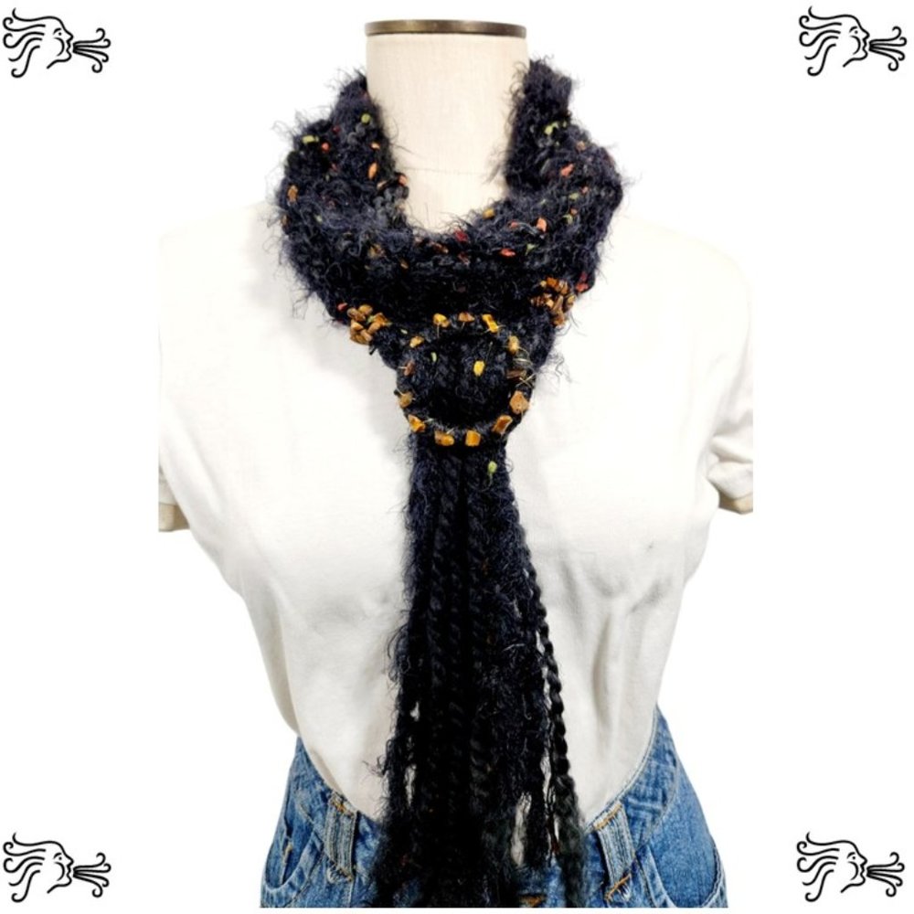 Black Crocheted Yarn Rope Scarf with Stone Wrapped Fringe and Scarf Buckle